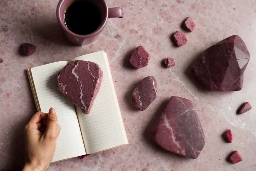 Hand holding a tumbled rhodonite stone with deep rose and charcoal veining