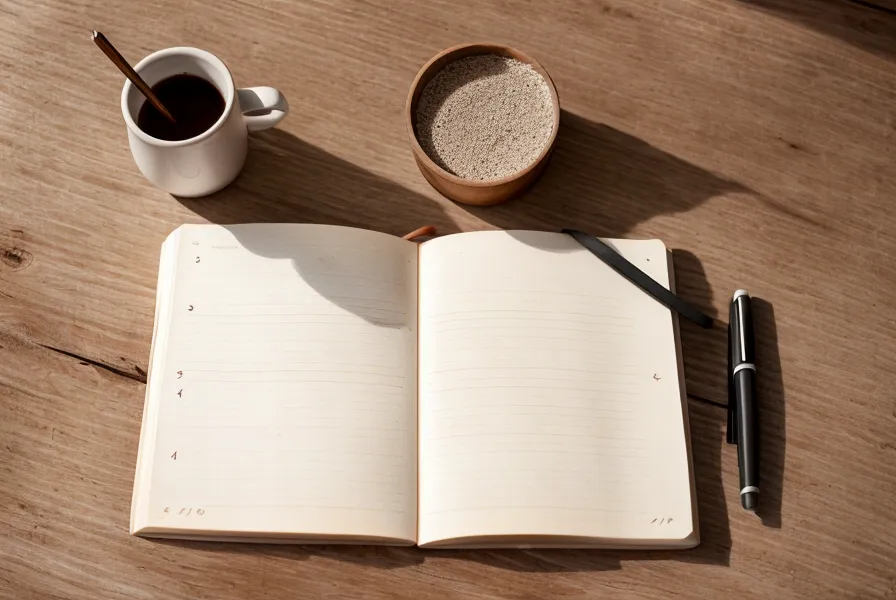 Open manifestation journal with a small sketch and a smooth stone used as a visual anchor