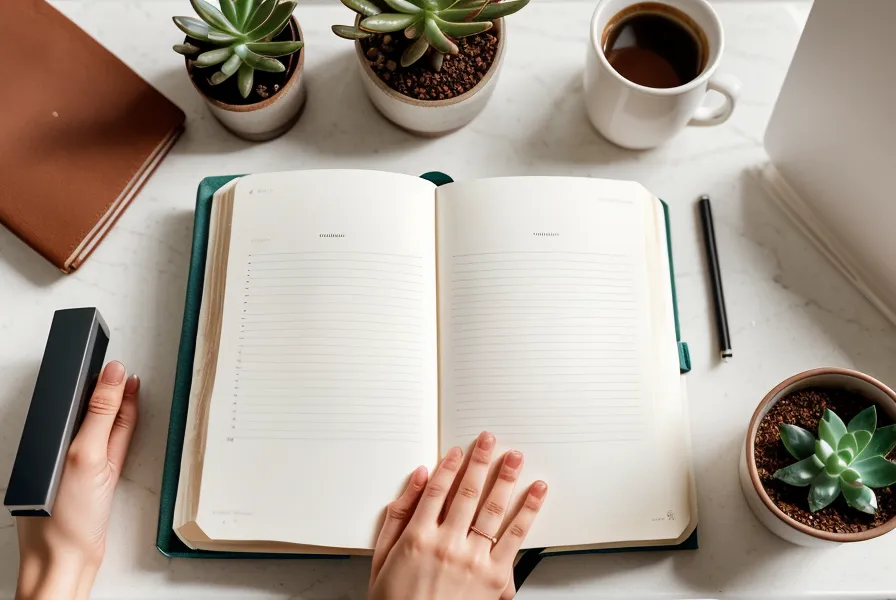 Closed manifestation journal on a clean desk, signaling the end of a breakup-recovery writing session