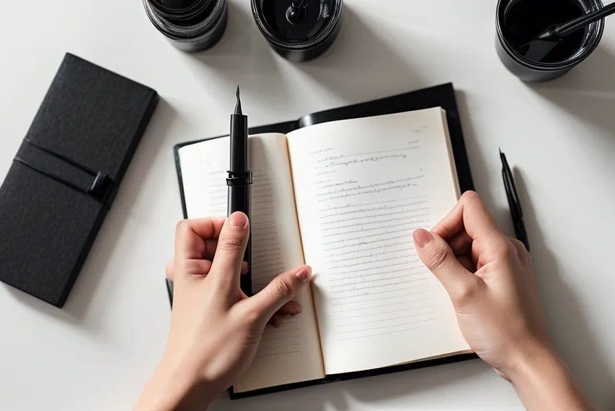 Hand writing present-tense scripting lines in a notebook to manifest love out of a dating slump