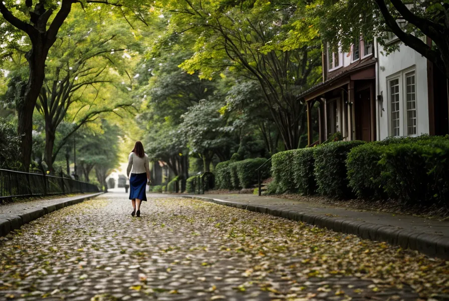 Woman walking calmly through an Austin neighborhood, at peace during a signs-free stretch of love manifestation