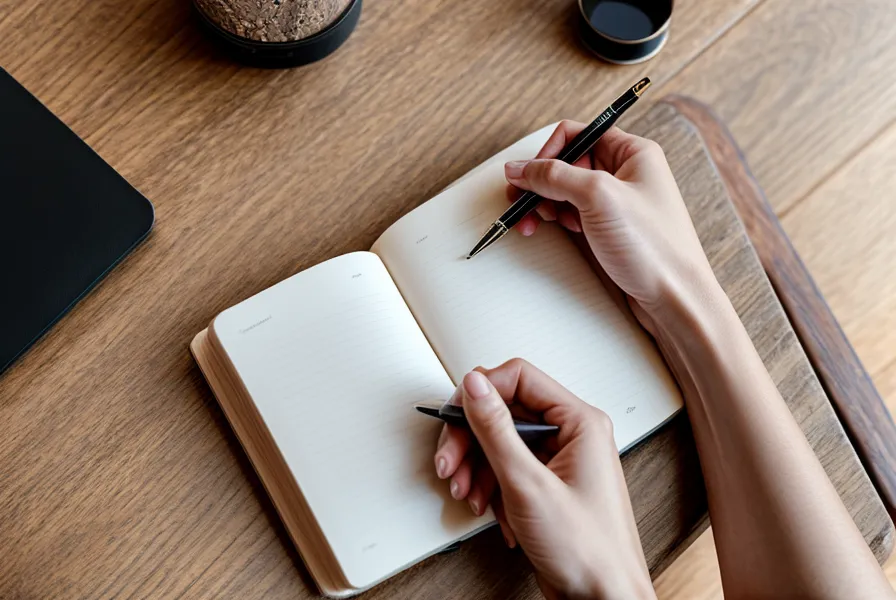 Hand writing love manifestation intentions in a journal on a wooden desk in Austin