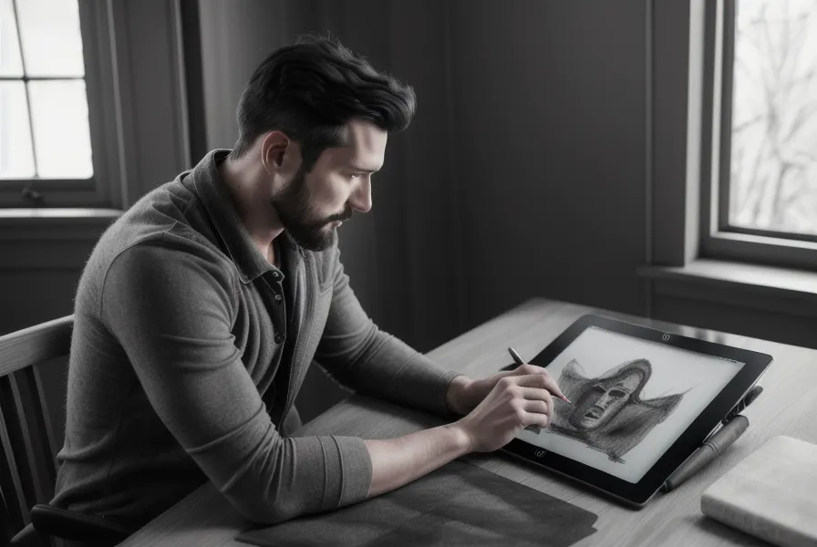 A soulmate sketch displayed on a tablet next to design tools, used as a dating practice visualization anchor
